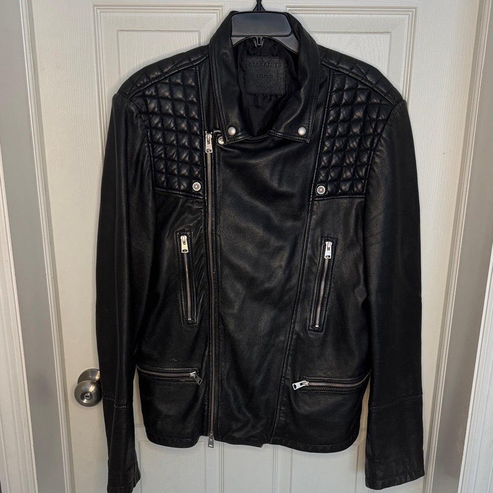 All Saints Mens Black Leather Biker Jacket with Quilted Shoulders